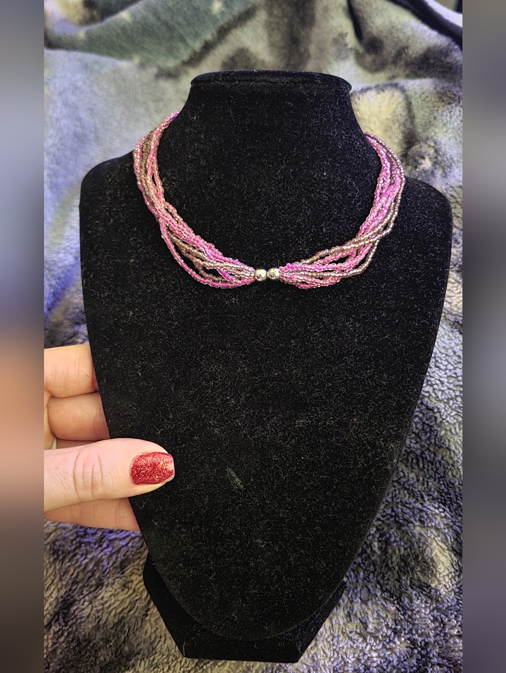 Pink Seed Bead Multi Strand Torsade Choker Necklace